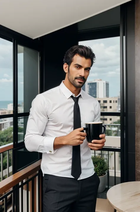 Handsome man holding black coffee mug in balcony 