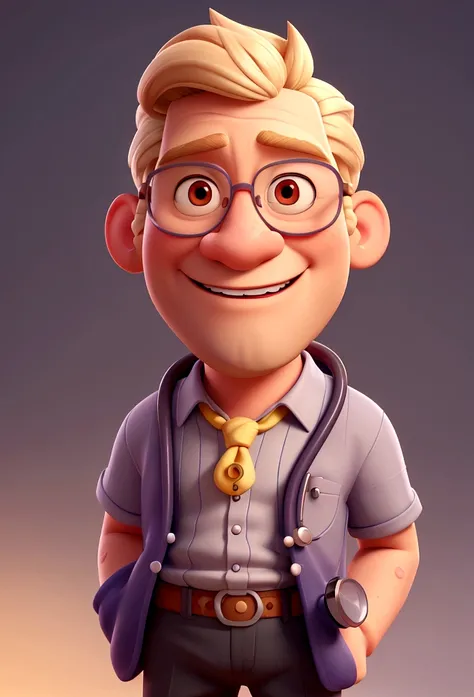 Cartoon character of a man with glasses, blonde hair and beard smiling, cardiologist doctor wearing Ceará shirt and stethoscope, an animated character, stylized character, animation style rendering, 3d stylized, , Stylized 3D rendering, toon render screens...