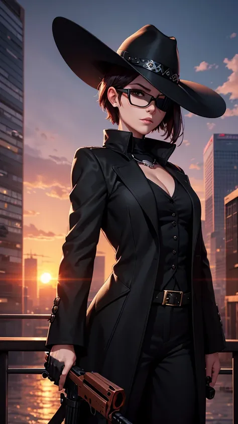 A city with a beautiful sunset with a woman with short hair and dark glasses and a black coat and black hat and a skull mask and an eye patch and an improved sniper rifle and aiming 