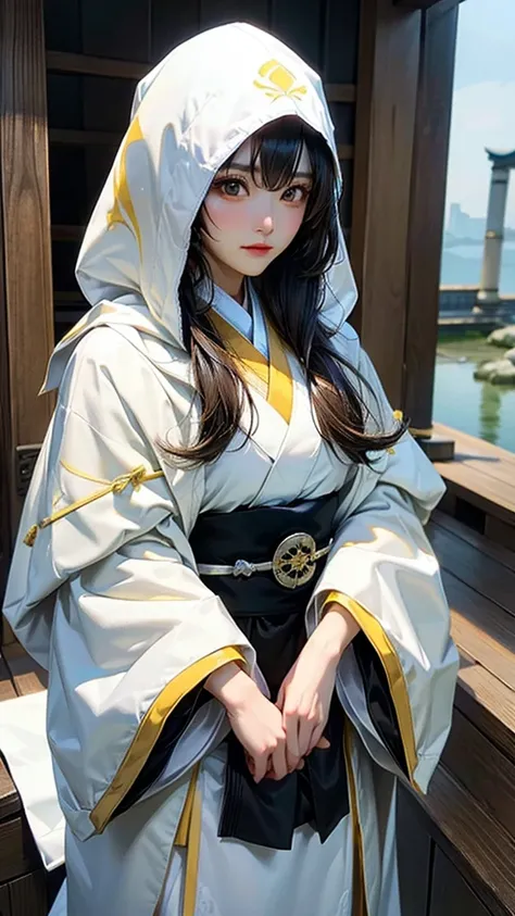 female japanese assassin, wearing assassin cloth of white and yellow, white cloak cover her head, UHD, semi realistic, 8K