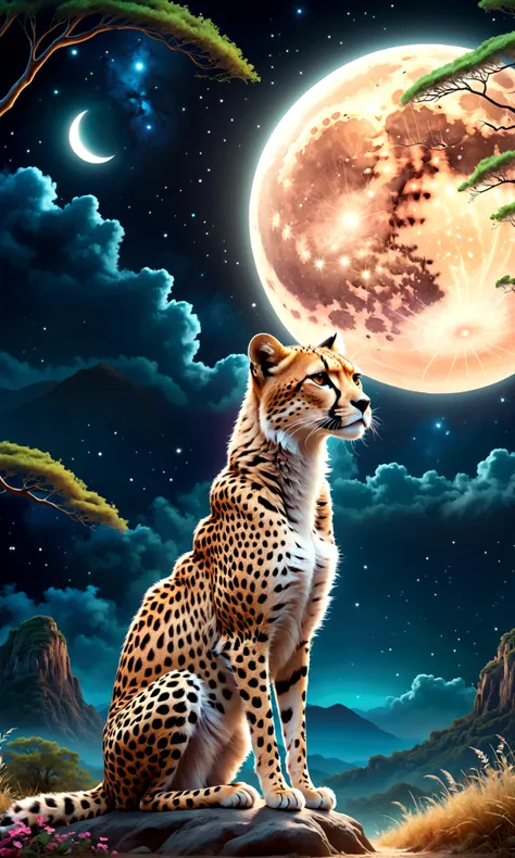 draw a savannah landscape under the moon,a cheetah looking up at the sky,cheetah is female,she lost a ,this is a scene that rose...