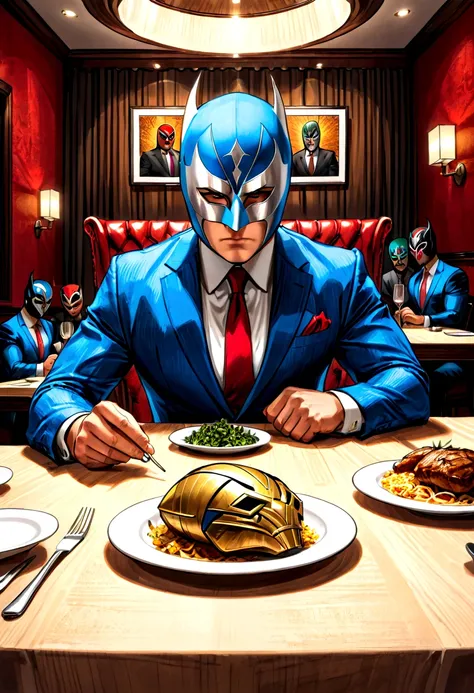 comic artwork of a man in a business suit, wearing a wrestling mask, sitting at a dinner table, crosshatching, 2d, sharp, detail...