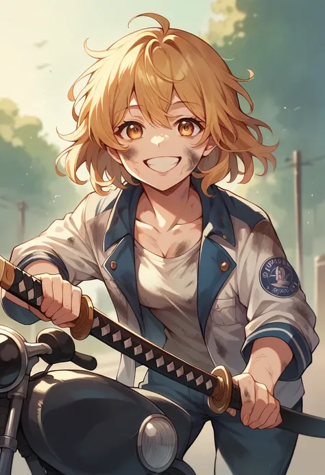 Girl on a cruiser motorcycle, streetwear medium chest, dystopia, golden hair, golden eyes, big smile, happy, katana, dirty