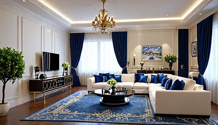 Describe a luxurious room with a single-story design, featuring a miniature Eiffel Tower as a central decoration, a modern TV and stereo system, a wine table setting, a white cushion, a deep blue sofa, white curtains, a potted plant, and a pendant light. T...