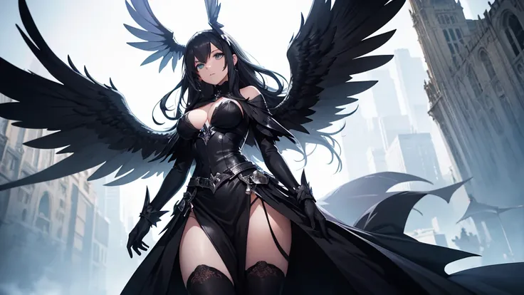 Highest quality, masterpiece, Ultra-high resolution,  ZBrush Central Contest Winners, Gothic art, Angel Knight Gothic Girl, OverloadAlbedo of, Female vampire with raven wings, Two black feathered wings, anime「Overload」Albedo of