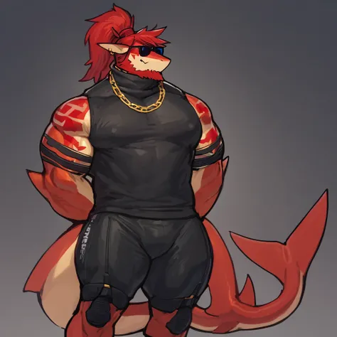 bright red skinned bara shark, very large pecs, strong physique scarlet samurai hair in ponytail, cyan colored eyes, black sclera, very muscular, perfect anatomy, masterpiece, beard, strong jaw, giant biceps, shark tail, wearing sleveless turtleneck, styli...