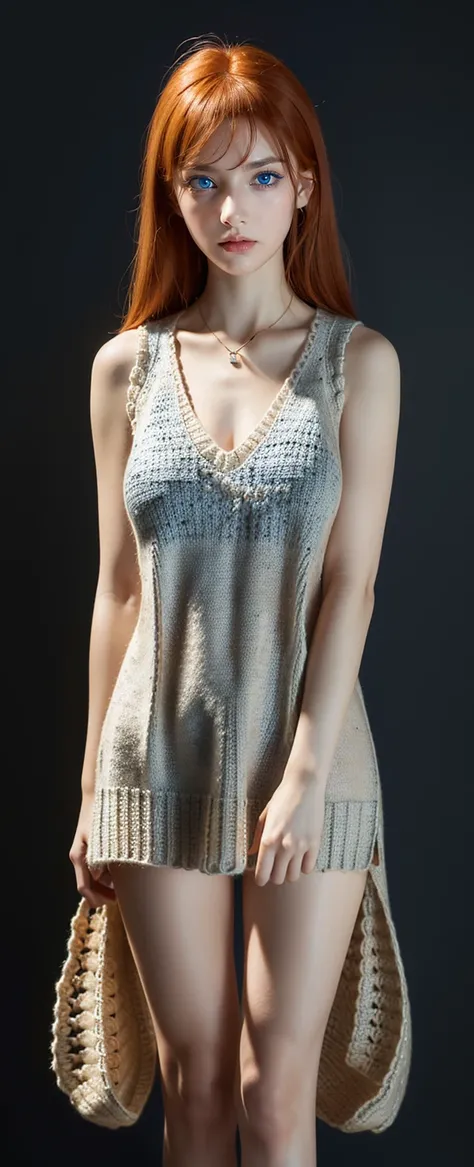 ((best quality)), ((masterpiece)), ((best quality)), ((masterpiece)), ((detailed)), Ridiculous resolution, high resolution, (masterpiece:1.4), Hyper-detailing, a young european woman. Necklace. ((Sleeveless crocheted v-neck sweater)). Blank background. Sta...