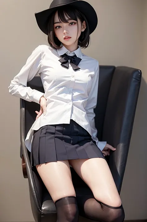 white collared shirt, blazer, bowtie, necktie, pleated skirt, micromini skirt, bobby socks, , white socks, loafers, school shoes,striped panties,(( pantyshot, panties shot)),,skirt up.cowboy shot.spread legs.((full body)).23yo .pee stain