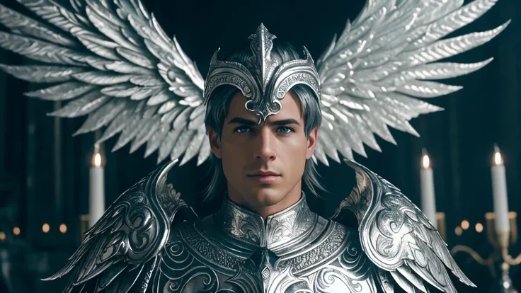 Close-up of a stunning male angel dressed in gleaming silver metallic armor, with magnificent white wings. The scene is cold and dark, with a damp and gloomy atmosphere. Cinematic image; photorealistic; photo realistic DVD screenshot of 1987 Dark Souls fan...