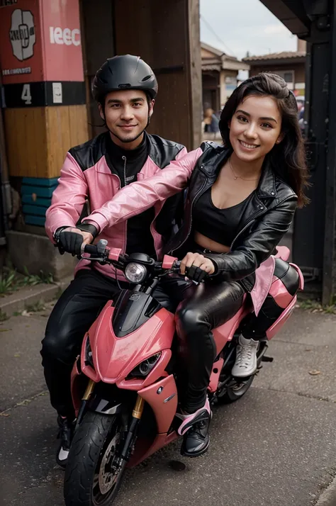 4D caricature of a 25 year old man on a ninja motorbike with a woman wearing a pink jacket