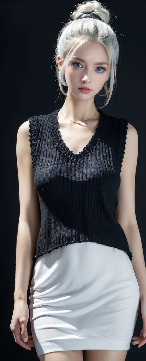 ((best quality)), ((masterpiece)), ((best quality)), ((masterpiece)), ((detailed)), Ridiculous resolution, high resolution, (masterpiece:1.4), Hyper-detailing, a young european woman. Necklace. ((Sleeveless crocheted v-neck black sweater)). Blank backgroun...