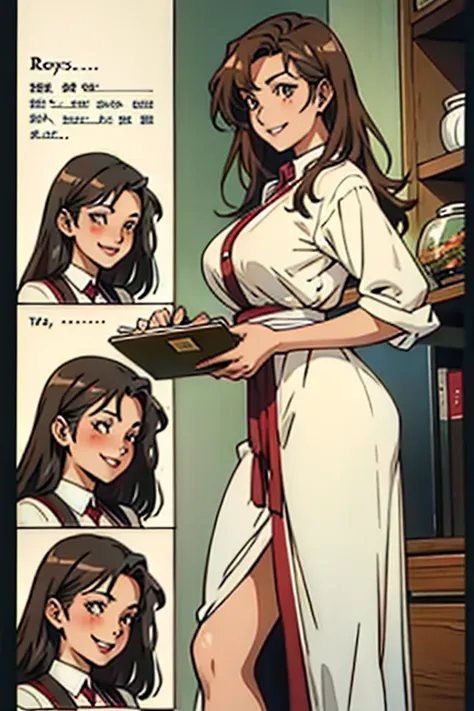 Mature women with long brown hair with lipstick , gentle eyes, smiling while holding herbs , manga page with panels and dialogue    