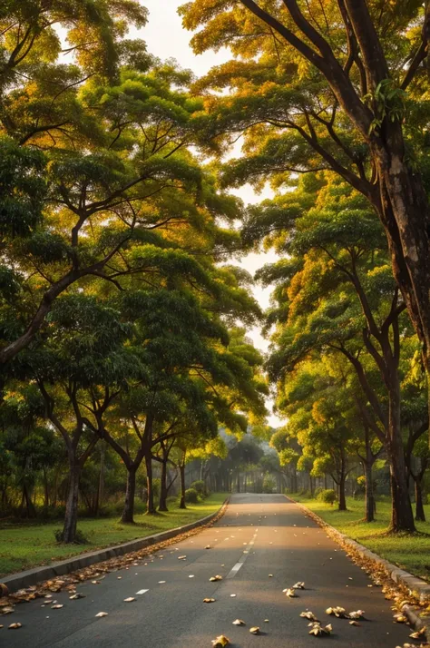 The road has many tamarind trees with falling leaves, creating a romantic scene