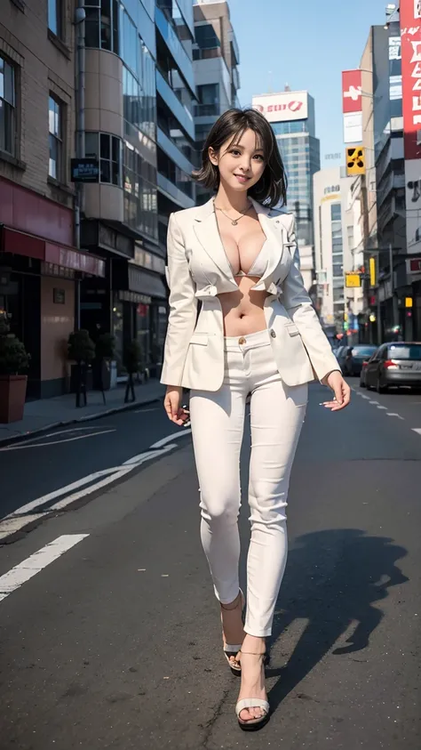 (Highest quality, masterpiece, Photo Real, Super detailed, Ultra-high resolution, born), (One girl), cute, Japanese, smile, bangs, (Suit jacket, skinny pants), (Big Breasts, Cleavage:1.3), (naked:1.2), (Long Hair| Medium Hair| short hair), (Low-rise XL, Lo...