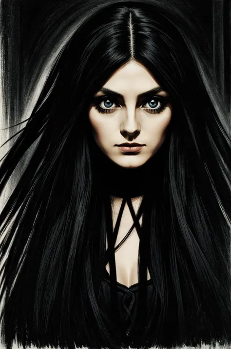 Woman with too long hair, german expressionism, completely black and big eyes, dark style