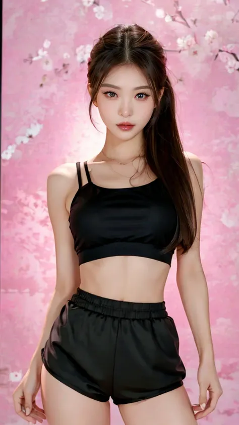 (best quality:1.5), korean woman, 24 years old, brunette hair:1.5, perfect eyes, (pink and black yoga top:1.2, black yoga short ...