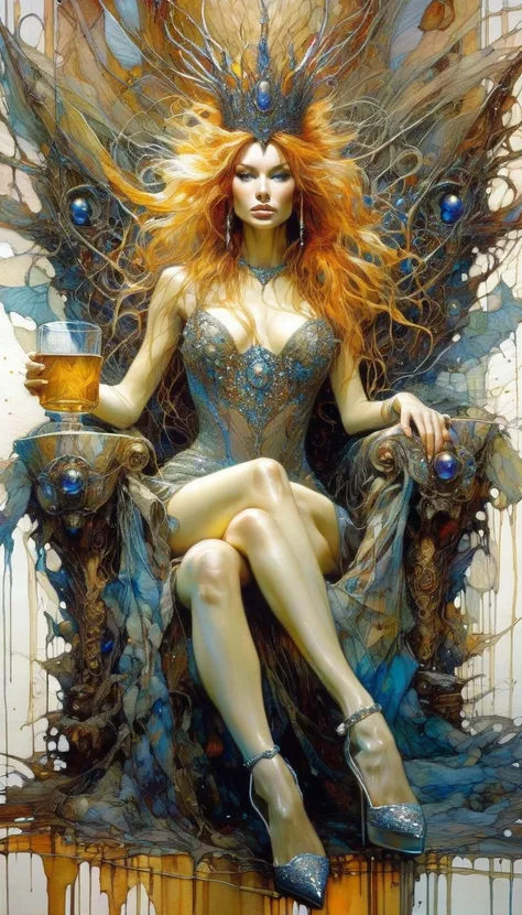 sexy queen sitting on her throne holding a cup of liquor (art inspired by Brian Froud and Carne Griffiths and Wadim Kashin, intricate details, oil painting)