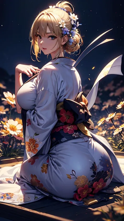 masterpiece, high quality, 4K, Beautiful design, silhouette，blonde， 非常に詳細な夜のStarry Sky,Flower Field， wonderful, Finer details,  Very knowledgeable woman, Highly detailed solo, 1 female,Big Breasts，Butt Emphasis，Underwear Line，Yukata in white color，Night vi...