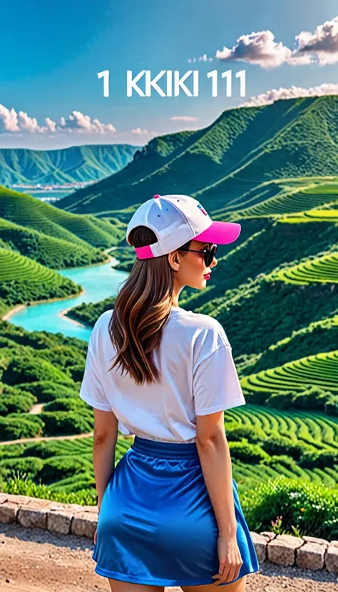 image of a beautiful woman from behind with a white t-shirt, on the back the number 11 and the text "KIKI", blue skirt, pink cap, sunglasses, with a fantastic aesthetic landscape in the background, hd, 8k, realistic