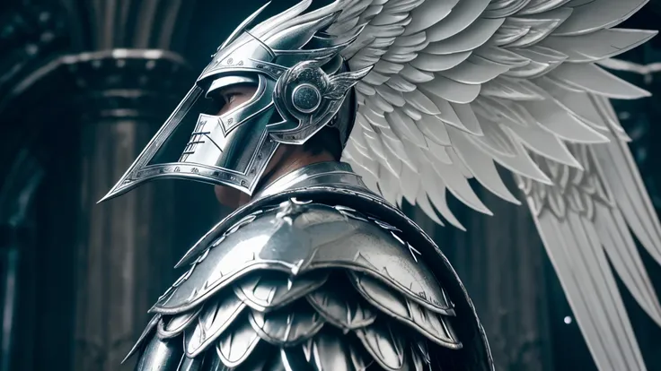 Close-up of a stunning male angel dressed in gleaming silver metallic armor, with magnificent white wings. The scene is cold and dark, with a damp and gloomy atmosphere. Cinematic image; photorealistic; photo realistic DVD screenshot of 1987 Dark Souls fan...