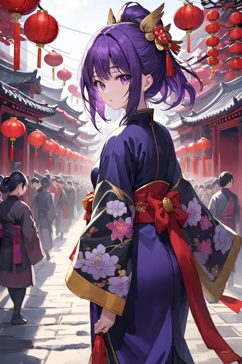 ultra-detailed,(best quality),((masterpiece)),(highres),original,extremely detailed 8K wallpaper,(an extremely delicate and beautiful), anime, 1girl,raiden shogun,purple hair,solo,looking at viewer,chinese clothes, BREAK (chinese architecture ),spring fest...