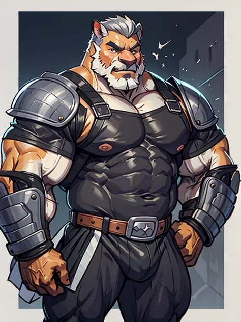 burly virile hairy werelion, in a suit of armor, a himbo muscle daddy, middle-aged dilf, hirsute, overmuscular and musclebound, bulging veiny muscles, a warriors build, a bodybuilders physique, long bushy and a thick mustache, a square jaw, handsome and dr...