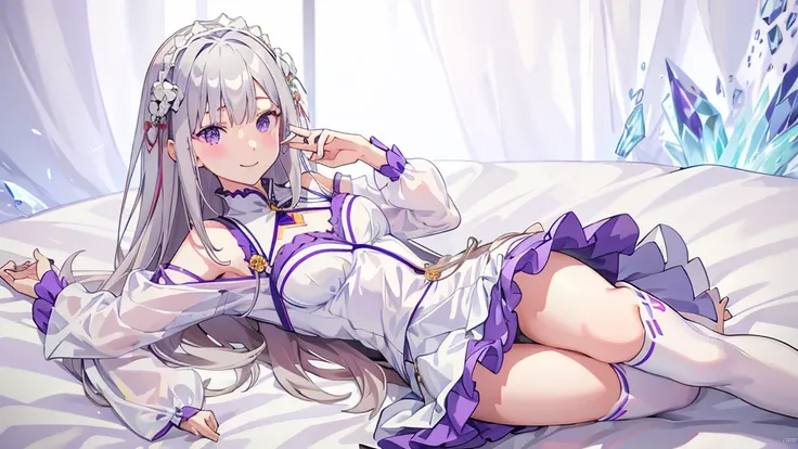 realisti、a girl、 Emilia Li:zero、Crown blade、Flower hair accessories、×Haarschmuck、grey hair、Long hair、purple eyes、Fantasies、Ice magic effect、Enlightenment、Piece flies、smile、mini skirt、white knee socks、