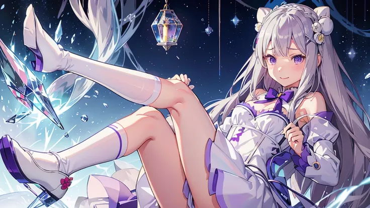 realisti、a girl、 Emilia Li:zero、Crown blade、Flower hair accessories、×Haarschmuck、grey hair、Long hair、purple eyes、Fantasies、Ice magic effect、Enlightenment、Piece flies、smile、mini skirt、white knee socks、