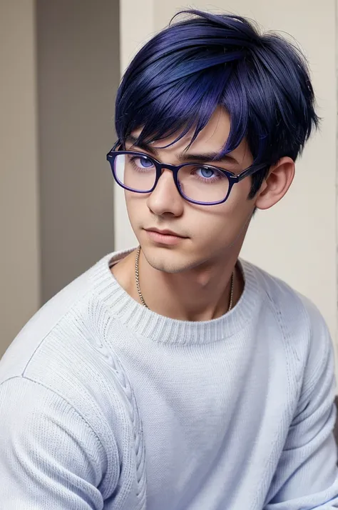 One boy , young boy , purple eyes,  blue hair, short hair, stylish glasses, white sweater, detailed face