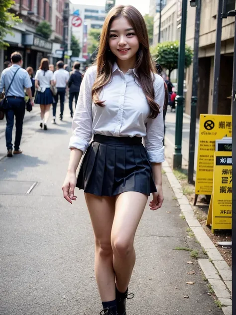 (smile)、Cute Girl、fun、(((smile)))、high school girl、((Schoolgirl uniform))、(The eyes are light brown)、(((Droopy eyes))),Ultra-realistic、photograph、(((Pedestrian precinct)))、Short skirt、 The face is very beautiful、Clear eyes、(((Eyes with big eyes)))、Pedestri...