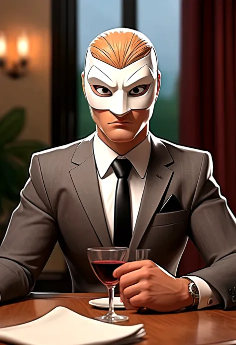 comic artwork of a man in a business suit, wearing a wrestling mask, sitting at a dinner table, crosshatching, 2d, sharp, detail...