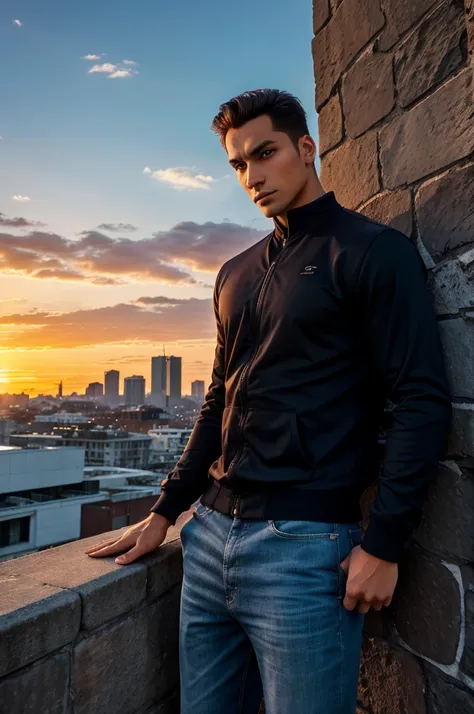 "A sigma male with a strong, intense gaze, dressed in casual yet stylish attire, leaning against a city wall at sunset."