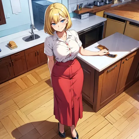 Anime, 2d anime, cartoon anime, detailed illustration, dynamic angle, ultra-detailed, illustration, full body shot, 1girl,  1950’s stay at home wife, button up blouse and long skirt, anime half closed eyes. A knowing smile, standing in kitchen, domestic go...