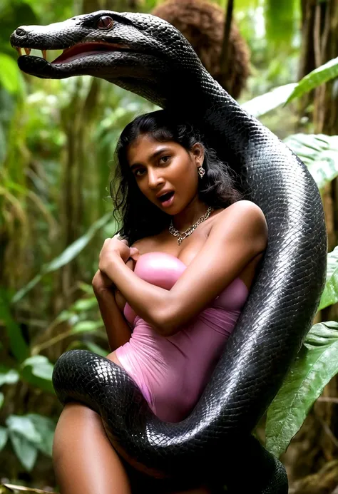 Topless  pink thong wearing aroused horny beautiful happy young Indian teen girl vs  Giant colossal black anaconda monster wrapped around her body squeezing her in coiled embrace cuddling and kissing  sexual erotic bestiality  sex  realistic in the rainfor...