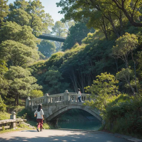 A person walking over a bridge with trees asian 