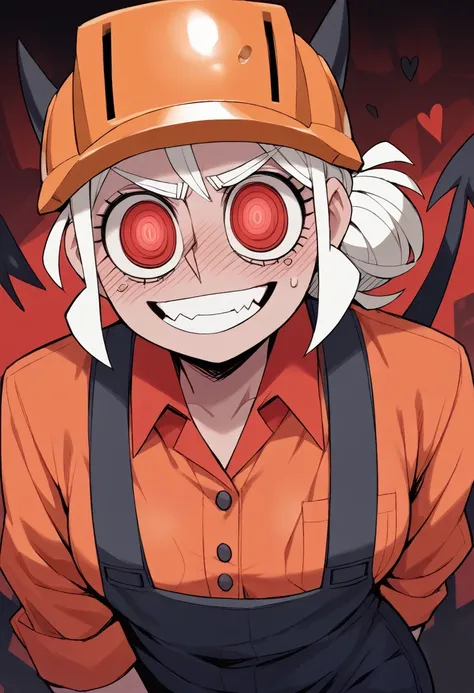 A female construction worker wearing an Adrian helmet, as a Helltaker demoness with chin length hair