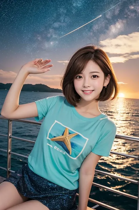 1woman, idol, short hair, brown hair, starry sky, sea, 20 years old, angle from below, smile, short t-shirt, short skirt