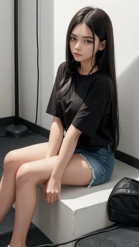 a woman wearing a black shirt and black denim shorts with long black hair she is in a small, empty room with gray walls she is sitting on the floor with her back against the wall there is a light bulb that is coming from the ceiling with a very long wire t...