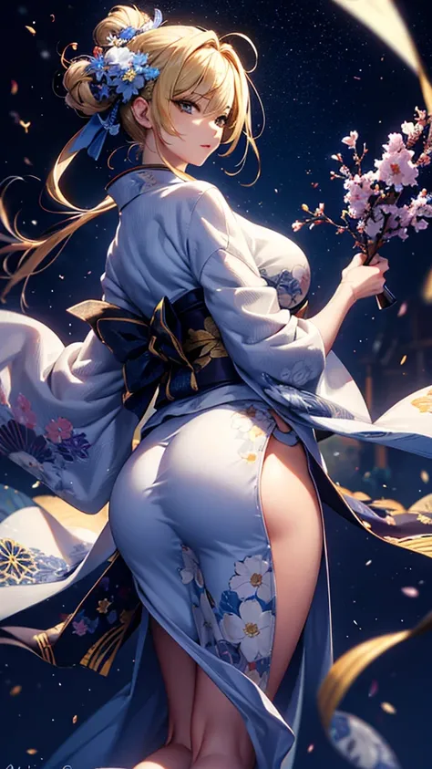 masterpiece, high quality, 4K, Beautiful design, silhouette，blonde， 非常に詳細な夜のStarry Sky,Flower Field， wonderful, Finer details,  Very knowledgeable woman, Highly detailed solo, 1 female,Big Breasts，Big Ass，Underwear Line，Yukata in white color，Night view，Sta...