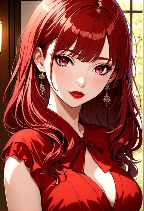 (masterpiece),(best quality:1.0), (Ultra-high resolution:1.0), Detailed description, 8K, Japanese cartoons, 1 Girl, beautiful Japanese cartoons girl, Wearing a red dress, corolla, Pretty Face, Delicate face, beautiful eyes, Delicate eyes, Crimson eyes, Bri...