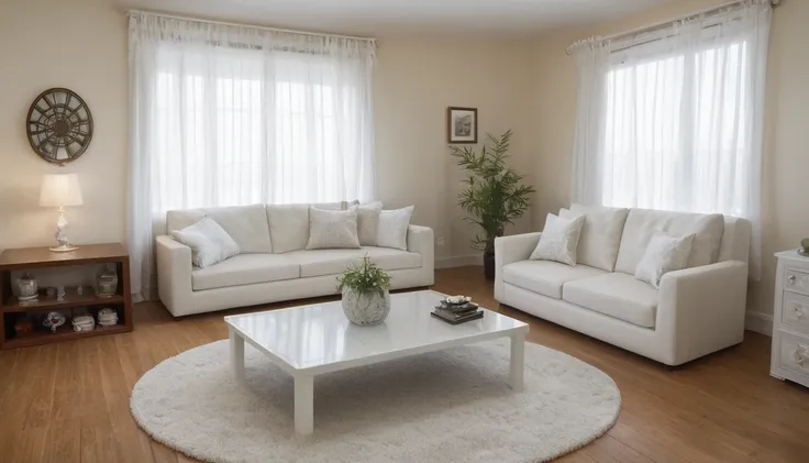 Describe a modern living room with a large window that offers a view of Cambridge. The room has a concrete wall, a white floor, and a stereo set. A glass of wine is placed on the table. The room is furnished with a yellow sofa, white cushions, and white cu...