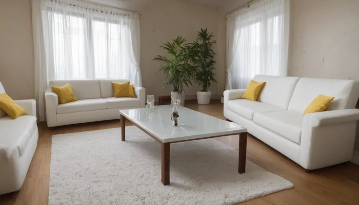 Describe a modern living room with a large window that offers a view of Cambridge. The room has a concrete wall, a white floor, and a stereo set. A glass of wine is placed on the table. The room is furnished with a yellow sofa, white cushions, and white cu...