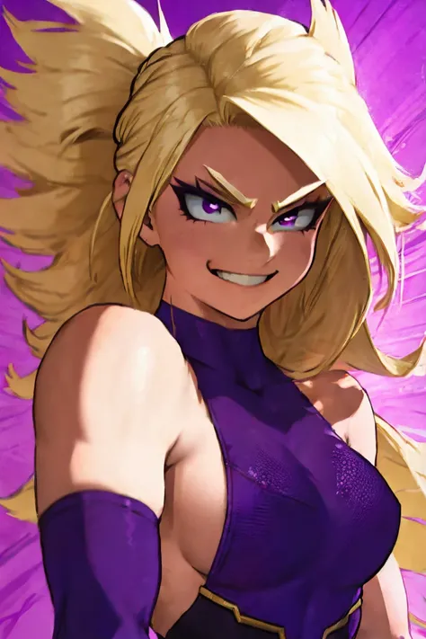 A hot girl with strong, light blonde hair, cute hair, Look of Fury, musclegirl, dark costume and fist. Smile, lilac makeup,