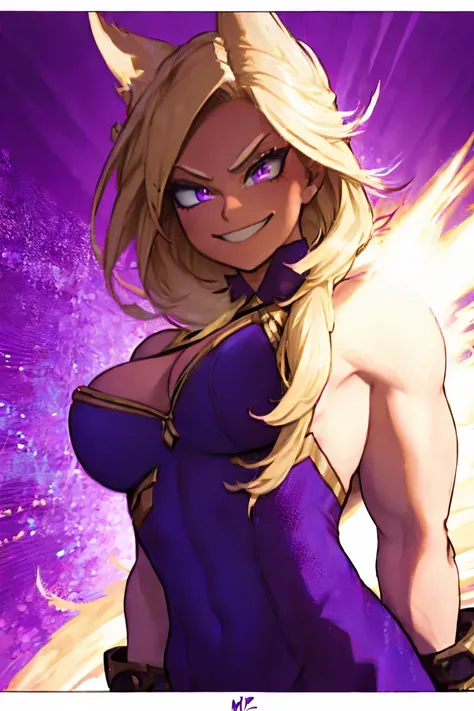 A hot girl with strong, light blonde hair, cute hair, Look of Fury, musclegirl, dark costume and fist. Smile, lilac makeup,