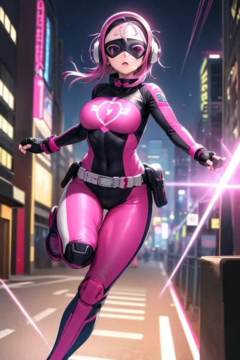 ((best quality)), ((masterpiece)), (detailed), 1 girl, full body, 20s, young adult, eye mask, black helmet that covers her entire head, smooth head, biker helmet, biker helmet with blue headphones on the sides, flashlight on her forehead, short pink hair c...