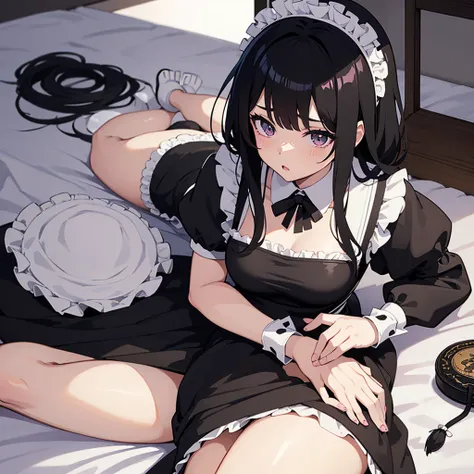 Anime girl with black hair and white dress lying in bed, Anime drawing by Honoohito, Pixiv, Sequential Art, anime girl in a Maid costume, , Anime Moe Art Style, gorgeous Maid, Cute girl anime visuals, anime cat girl in a Maid costume, Maid outfit, Enchanti...