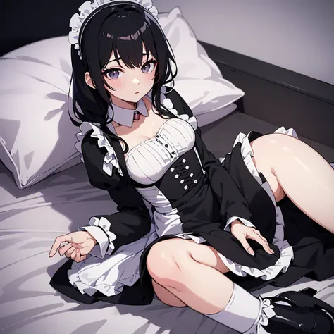 Anime girl with black hair and white dress lying in bed, Anime drawing by Honoohito, Pixiv, Sequential Art, anime girl in a Maid costume, , Anime Moe Art Style, gorgeous Maid, Cute girl anime visuals, anime cat girl in a Maid costume, Maid outfit, Enchanti...