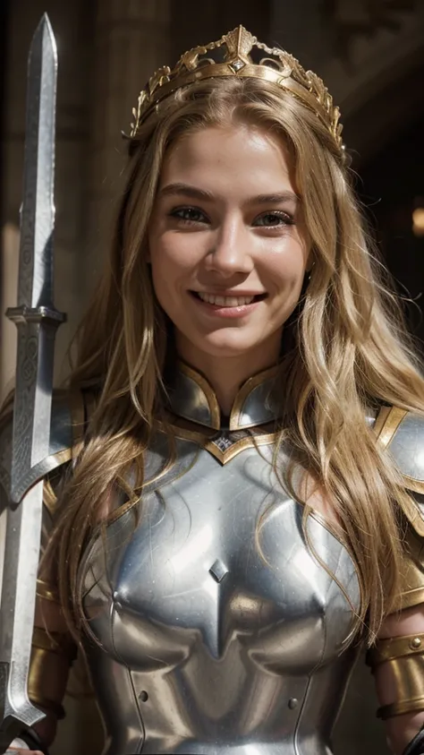 Best quality, high resolution, Hyper realistic, 1 girl warrior queen wearing heavy knight armor, a detailed beautiful face, long blonde wavy hair, Smiling, sword, luxurious detailed armor with gold accents,