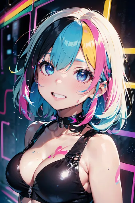 Eyes that shine like jewels, Braid, ((White Hair)), Anime Girls,Punk Fashion,Punk Makeup, ((Grin)), (Big Breasts:1.3),((Upward glance:1.3, Perfect Eyes , The rainbow shines、Eyes with very fine irises:1.3, Gradient Eye:1, Beautiful details:1, Symmetrical ey...