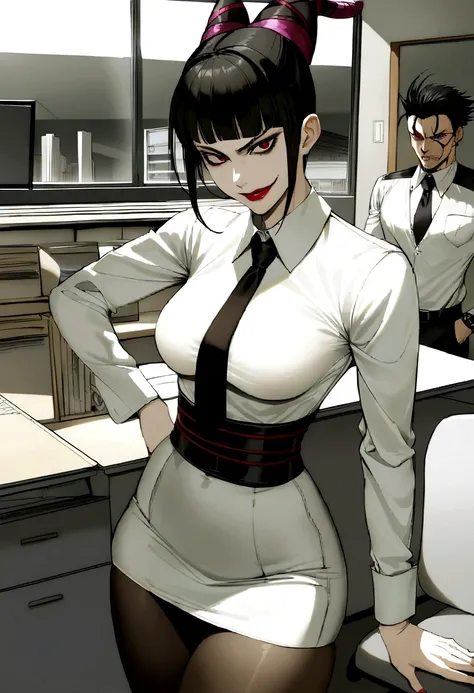 juri han, work of art, tight white secretary shirt with black tie, black high waist skirt, short skirt,stocking, black hair, black tights,evil smile,office,franja nos olhos,iluminação,chifre de cabelos,visão de cima,olhando para cima
